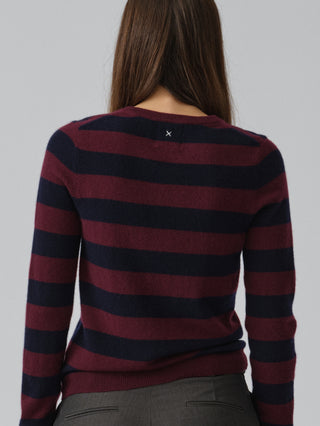 Navy blue and Bordeaux striped fitted V-neck cashmere sweater with wide stripes, clean neckline, and a flattering 90s-inspired silhouette in 100% Grade A cashmere