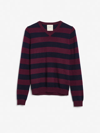 Navy blue and Bordeaux striped fitted V-neck cashmere sweater with wide stripes, clean neckline, and a flattering 90s-inspired silhouette in 100% Grade A cashmere