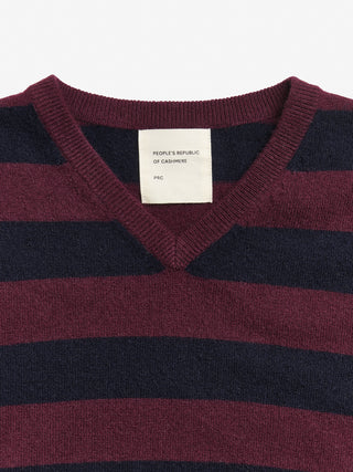 Navy blue and Bordeaux striped fitted V-neck cashmere sweater with wide stripes, clean neckline, and a flattering 90s-inspired silhouette in 100% Grade A cashmere