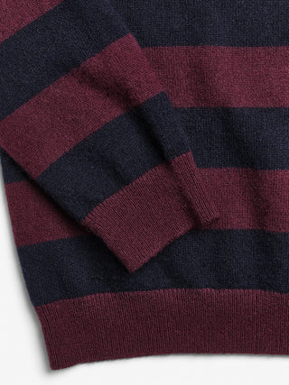 Navy blue and Bordeaux striped fitted V-neck cashmere sweater with wide stripes, clean neckline, and a flattering 90s-inspired silhouette in 100% Grade A cashmere