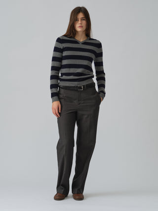Navy blue and solid grey striped fitted V-neck cashmere sweater with wide stripes, clean neckline, and a flattering 90s-inspired silhouette in 100% Grade A cashmere
