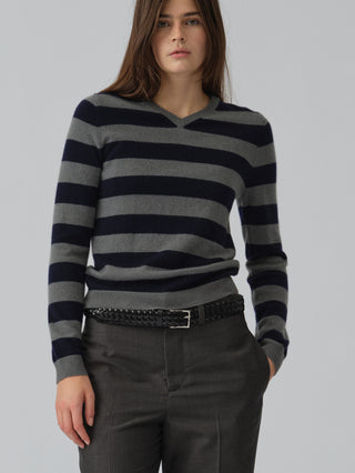 Navy blue and solid grey striped fitted V-neck cashmere sweater with wide stripes, clean neckline, and a flattering 90s-inspired silhouette in 100% Grade A cashmere