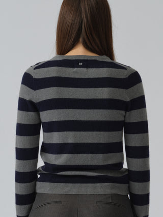 Navy blue and solid grey striped fitted V-neck cashmere sweater with wide stripes, clean neckline, and a flattering 90s-inspired silhouette in 100% Grade A cashmere