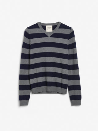 Navy blue and solid grey striped fitted V-neck cashmere sweater with wide stripes, clean neckline, and a flattering 90s-inspired silhouette in 100% Grade A cashmere