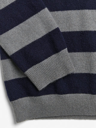 Navy blue and solid grey striped fitted V-neck cashmere sweater with wide stripes, clean neckline, and a flattering 90s-inspired silhouette in 100% Grade A cashmere