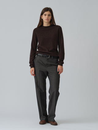 Black truffle women's fitted roundneck sweater in 12-gauge 100% Grade A Inner Mongolian cashmere, featuring a slim fit and snug round neckline