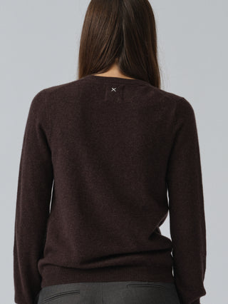 Black truffle women's fitted roundneck sweater in 12-gauge 100% Grade A Inner Mongolian cashmere, featuring a slim fit and snug round neckline