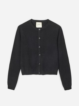 Black women's o-cardigan in 12-gauge 100% Grade A Inner Mongolian cashmere, featuring a fitted silhouette and neat round neckline