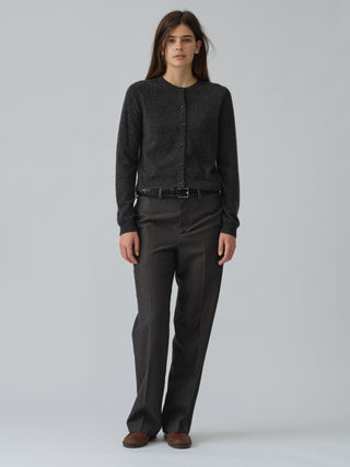 Dark grey women's o-cardigan in 100% Grade A Inner Mongolian cashmere, 12-gauge knit, with a fitted silhouette and neat round neckline