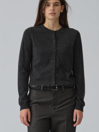 Dark grey women's o-cardigan in 100% Grade A Inner Mongolian cashmere, 12-gauge knit, with a fitted silhouette and neat round neckline