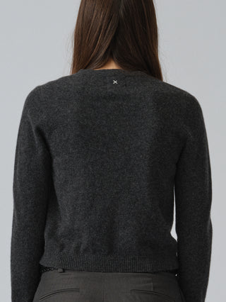 Dark grey women's o-cardigan in 100% Grade A Inner Mongolian cashmere, 12-gauge knit, with a fitted silhouette and neat round neckline