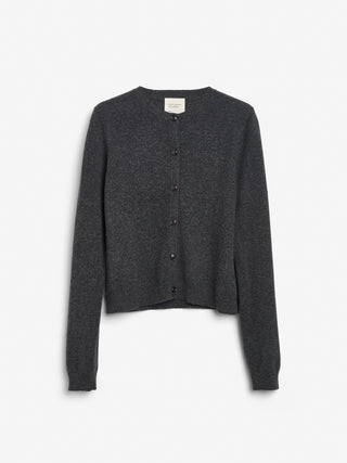 Dark grey women's o-cardigan in 100% Grade A Inner Mongolian cashmere, 12-gauge knit, with a fitted silhouette and neat round neckline