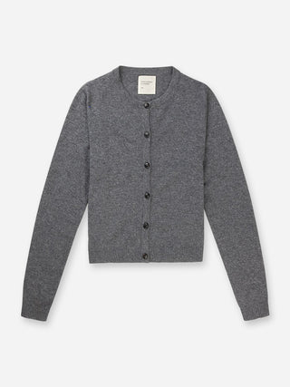 Heather grey women's o-cardigan in 12-gauge 100% Grade A Inner Mongolian cashmere, featuring a fitted silhouette and neat round neckline