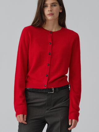Women’s O-Cardigan in Red – 100% Grade A Inner Mongolian cashmere, 12-gauge knit, fitted silhouette with round neckline