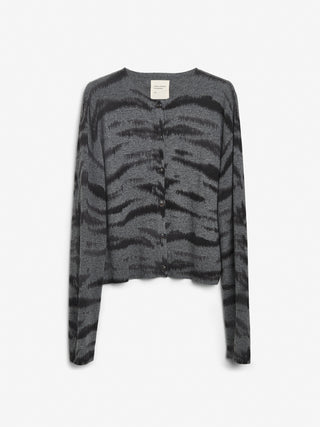 Zebra grey women's o-cardigan in 100% Grade A Inner Mongolian cashmere, 12-gauge knit, featuring zebra print, fitted silhouette, and round neckline