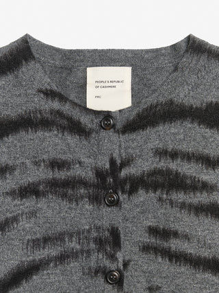 Zebra grey women's o-cardigan in 100% Grade A Inner Mongolian cashmere, 12-gauge knit, featuring zebra print, fitted silhouette, and round neckline