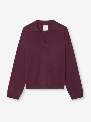 Women’s Oversized Collar V-Neck in Bordeaux, crafted from 10-gauge cashmere with a relaxed boxy fit and open collar
