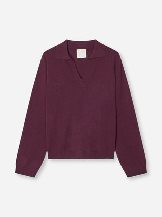 Women’s Oversized Collar V-Neck in Bordeaux, crafted from 10-gauge cashmere with a relaxed boxy fit and open collar