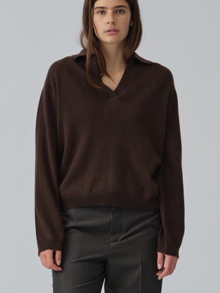 Dark brown women's oversized collar v-neck sweater in 100% Grade A Inner Mongolian cashmere, 10-gauge knit, featuring a relaxed boxy fit and open collar