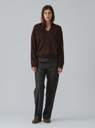 Dark brown women's oversized collar v-neck sweater in 100% Grade A Inner Mongolian cashmere, 10-gauge knit, featuring a relaxed boxy fit and open collar