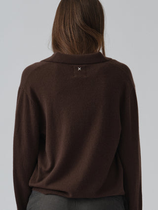 Dark brown women's oversized collar v-neck sweater in 100% Grade A Inner Mongolian cashmere, 10-gauge knit, featuring a relaxed boxy fit and open collar