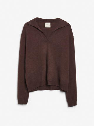 Dark brown women's oversized collar v-neck sweater in 100% Grade A Inner Mongolian cashmere, 10-gauge knit, featuring a relaxed boxy fit and open collar