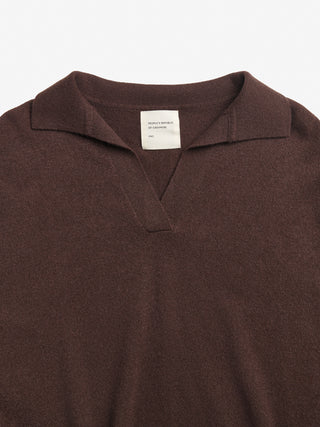 Dark brown women's oversized collar v-neck sweater in 100% Grade A Inner Mongolian cashmere, 10-gauge knit, featuring a relaxed boxy fit and open collar
