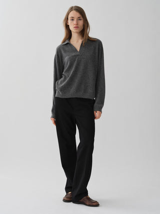 Women’s Oversized Collar V-Neck in Heather Grey – 100% Grade A Inner Mongolian cashmere, 10-gauge knit, relaxed boxy fit with open collar