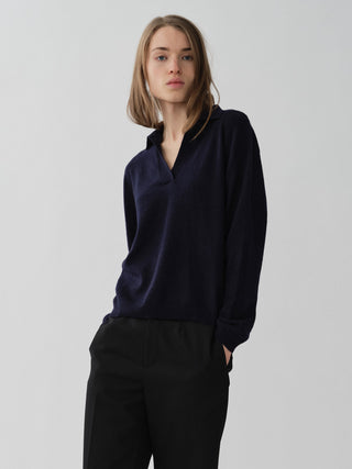 Women’s Oversized Collar V-Neck in Navy Blue – 100% Grade A Inner Mongolian cashmere, 10-gauge knit, relaxed boxy fit with open collar