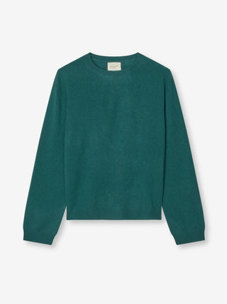 Women’s Oversized Roundneck Sweater in Forest Green, knitted in 10-gauge cashmere with a relaxed boxy silhouette