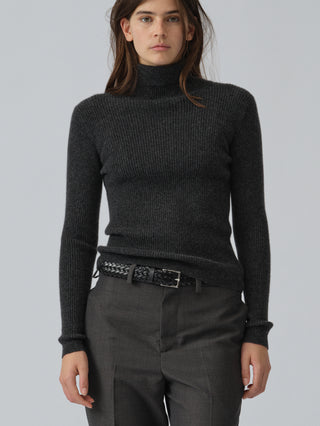 Dark grey women's ribbed turtleneck sweater in 100% Grade A Inner Mongolian cashmere, 12-gauge knit, with a slim-fit silhouette and high neck