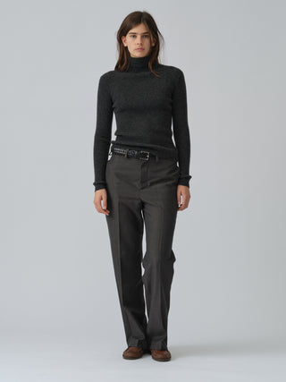 Dark grey women's ribbed turtleneck sweater in 100% Grade A Inner Mongolian cashmere, 12-gauge knit, with a slim-fit silhouette and high neck