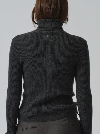 Dark grey women's ribbed turtleneck sweater in 100% Grade A Inner Mongolian cashmere, 12-gauge knit, with a slim-fit silhouette and high neck