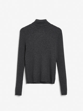Dark grey women's ribbed turtleneck sweater in 100% Grade A Inner Mongolian cashmere, 12-gauge knit, with a slim-fit silhouette and high neck
