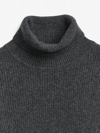 Dark grey women's ribbed turtleneck sweater in 100% Grade A Inner Mongolian cashmere, 12-gauge knit, with a slim-fit silhouette and high neck