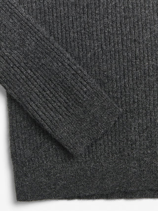 Dark grey women's ribbed turtleneck sweater in 100% Grade A Inner Mongolian cashmere, 12-gauge knit, with a slim-fit silhouette and high neck