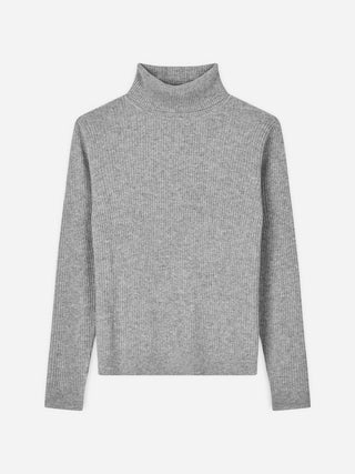 Women's Ribbed Turtleneck in Heather Grey Light, crafted from brushed 12-gauge cashmere with a high neck neckline and contoured silhouette
