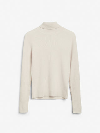 Off-white women's ribbed turtleneck sweater in 100% Grade A Inner Mongolian cashmere, 12-gauge knit, with a slim-fit silhouette and high neck