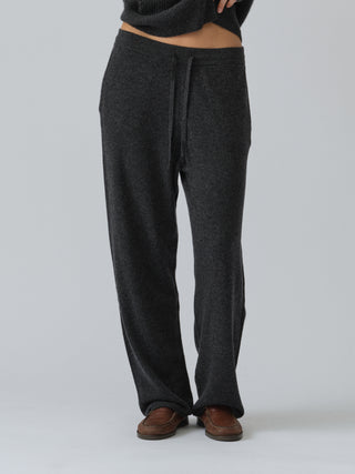 Dark grey women's straight sweatpants in 100% Grade A Inner Mongolian cashmere, 12-gauge knit, featuring a relaxed fit and loose waistband for comfort