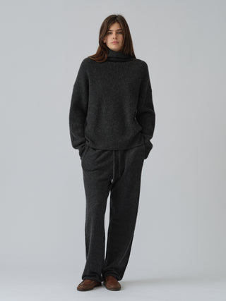 Dark grey women's straight sweatpants in 100% Grade A Inner Mongolian cashmere, 12-gauge knit, featuring a relaxed fit and loose waistband for comfort