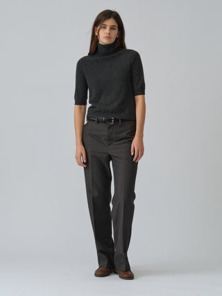 Dark grey women's turtleneck blouse in 100% Grade A Inner Mongolian cashmere, 12-gauge knit, featuring a ribbed turtle neckline, three-quarter sleeves, and a cropped fit