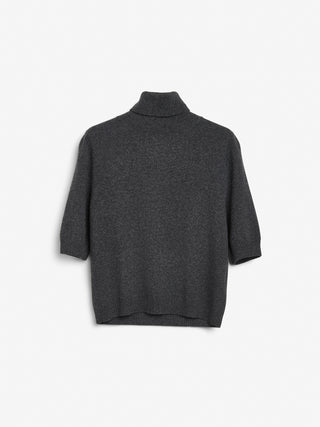 Dark grey women's turtleneck blouse in 100% Grade A Inner Mongolian cashmere, 12-gauge knit, featuring a ribbed turtle neckline, three-quarter sleeves, and a cropped fit