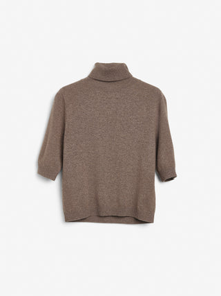 Truffle women's turtleneck blouse in 100% Grade A Inner Mongolian cashmere, 12-gauge knit, featuring a ribbed turtle neckline, three-quarter sleeves, and a cropped fit
