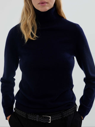 Women’s Turtleneck sweater in Navy Blue – 100% Grade A Inner Mongolian cashmere, 12-gauge knit, slim-fit silhouette with snug turtleneck