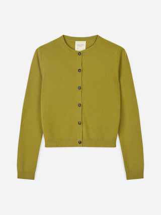 Women's Olive O-Cardigan made from 100% Mongolian cashmere with a round neckline and fitted silhouette