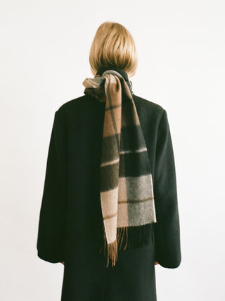 Checked Brown cashmere woven scarf with a smooth, slightly shiny finish and fringed ends