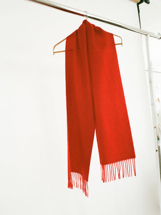 Red cashmere woven scarf with a smooth, slightly shiny finish and fringed ends