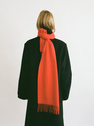 Red cashmere woven scarf with a smooth, slightly shiny finish and fringed ends